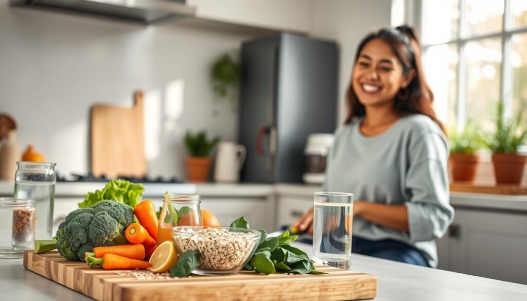A clean and inviting kitchen setting, focused on a healthy food preparation scene for digestive wellness. In the foreground, a wooden cutting board with vibrant, colorful vegetables like broccoli, carrots, and spinach, alongside a bowl of high-fiber oats and a glass of water with lemon. In the middle, a friendly, diverse person in modest casual clothing, happily chopping ingredients and smiling, promoting a positive atmosphere. The background features soft, natural lighting filtering through a window, with potted herbs on the windowsill, creating a warm and nurturing environment. The overall mood is cheerful and encouraging, highlighting effective solutions for overcoming constipation through a healthy lifestyle.