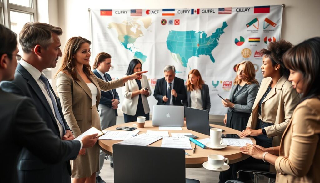A diverse group of people engaged in a political meeting, showcasing various individuals in professional business attire, discussing and brainstorming ideas. In the foreground, a confident woman stands, pointing at a chart, symbolizing active participation. To her left, a man takes notes attentively. In the middle ground, a round table is filled with documents, laptops, and coffee cups, emphasizing collaboration. In the background, a large banner displaying symbolic elements of national unity, such as a map of the country, flags, and icons representing civic engagement. The lighting is bright and natural, coming from large windows, creating an optimistic and focused atmosphere. The angle is slightly elevated, capturing the dynamic interaction among the participants, conveying engagement and the importance of civil organizations in national politics.