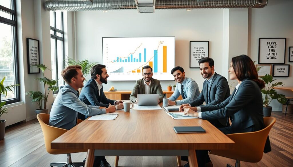 A dynamic and inspiring workspace setting that embodies the criteria for successful small businesses. In the foreground, a diverse group of three professionals, two men and one woman, are engaged in a brainstorming session around a modern wooden table, all dressed in professional business attire. In the middle ground, elements such as charts and graphs illustrated on a large screen hint at growth and strategy, surrounded by motivational quotes framed on the walls. In the background, large windows allow soft natural light to pour in, enhancing the optimism of the scene. The atmosphere is upbeat and collaborative, symbolizing innovation and practicality. Use bright colors to evoke positivity and enthusiasm, with a wide-angle lens perspective to capture the entire creative space. A dynamic and inspiring workspace setting that embodies the criteria for successful small businesses. In the foreground, a diverse group of three professionals, two men and one woman, are engaged in a brainstorming session around a modern wooden table, all dressed in professional business attire. In the middle ground, elements such as charts and graphs illustrated on a large screen hint at growth and strategy, surrounded by motivational quotes framed on the walls. In the background, large windows allow soft natural light to pour in, enhancing the optimism of the scene. The atmosphere is upbeat and collaborative, symbolizing innovation and practicality. Use bright colors to evoke positivity and enthusiasm, with a wide-angle lens perspective to capture the entire creative space.