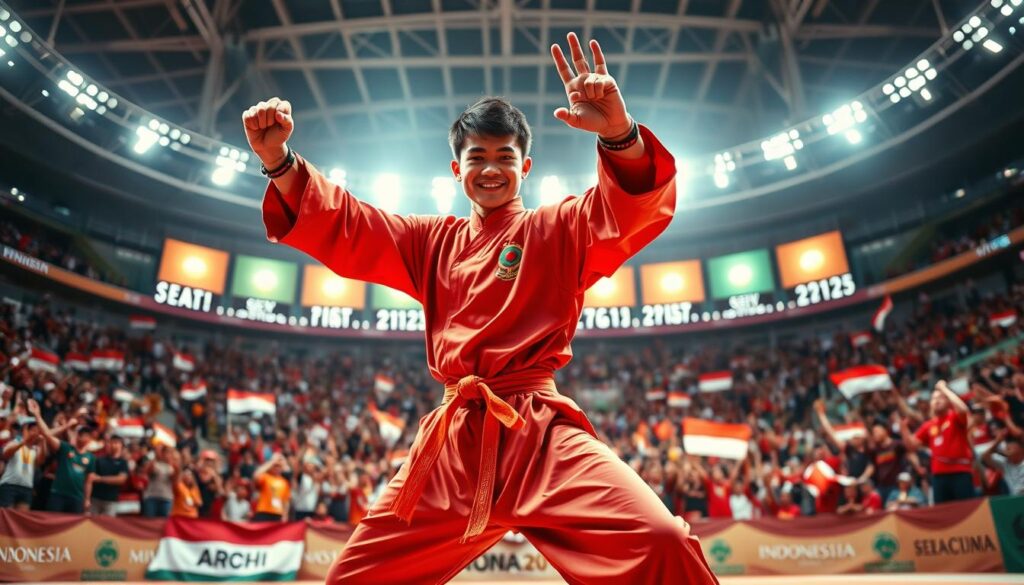 A dynamic scene capturing a triumphant Indonesian Wushu champion in the foreground, showcasing a powerful martial arts pose, dressed in a traditional Wushu uniform adorned with national colors. In the middle ground, a cheering crowd filled with enthusiastic fans waving flags and banners, celebrating Indonesia's victory at the SEA Games 2025. The background features a vibrant sports arena packed with spectators under bright arena lights, creating an electrifying atmosphere. The image should be shot with a slightly low angle to emphasize the athlete's strength and determination, with a focus on sharp details and vibrant colors. The overall mood is one of celebration and national pride, encapsulating the spirit of victory in sports. A dynamic scene capturing a triumphant Indonesian Wushu champion in the foreground, showcasing a powerful martial arts pose, dressed in a traditional Wushu uniform adorned with national colors. In the middle ground, a cheering crowd filled with enthusiastic fans waving flags and banners, celebrating Indonesia's victory at the SEA Games 2025. The background features a vibrant sports arena packed with spectators under bright arena lights, creating an electrifying atmosphere. The image should be shot with a slightly low angle to emphasize the athlete's strength and determination, with a focus on sharp details and vibrant colors. The overall mood is one of celebration and national pride, encapsulating the spirit of victory in sports.