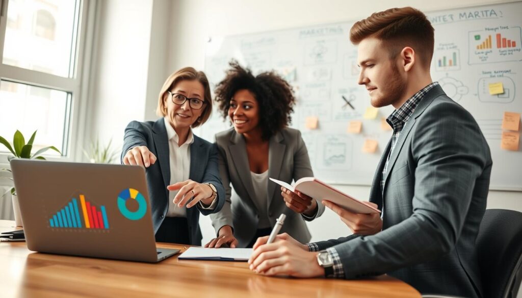 A modern office workspace with a diverse group of three business professionals collaborating on a marketing strategy. In the foreground, a middle-aged woman in professional business attire is pointing at a colorful pie chart displayed on a laptop. Beside her, a young man with a notebook jotting down ideas looks engaged. In the background, a large whiteboard filled with sticky notes and diagrams related to business growth strategies. Soft, natural lighting pouring in from a nearby window enhances the warm atmosphere of teamwork and creativity. The camera angle is slightly elevated, offering a clear view of the interaction among the team while maintaining focus on their enthusiastic expressions. A modern office workspace with a diverse group of three business professionals collaborating on a marketing strategy. In the foreground, a middle-aged woman in professional business attire is pointing at a colorful pie chart displayed on a laptop. Beside her, a young man with a notebook jotting down ideas looks engaged. In the background, a large whiteboard filled with sticky notes and diagrams related to business growth strategies. Soft, natural lighting pouring in from a nearby window enhances the warm atmosphere of teamwork and creativity. The camera angle is slightly elevated, offering a clear view of the interaction among the team while maintaining focus on their enthusiastic expressions.
