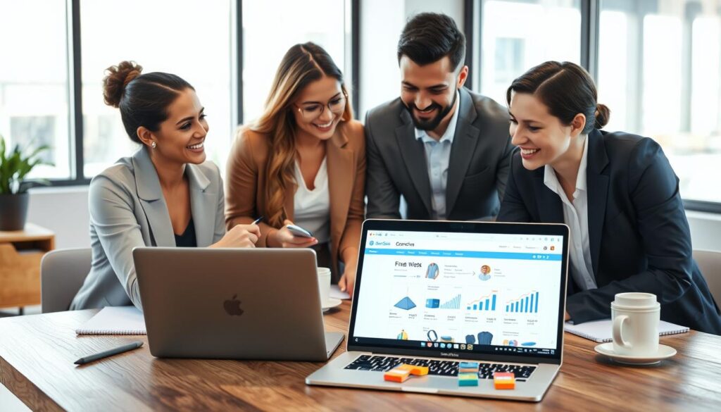 A modern office workspace with a diverse group of three professionals brainstorming around a wooden table. In the foreground, a laptop displays an e-commerce website with product listings and charts depicting sales growth. The middle ground features colorful mockups of various products arranged neatly. In the background, there are large windows allowing natural light to illuminate the scene, creating a bright and inviting atmosphere. The trio, dressed in smart casual attire, appears engaged and optimistic, with notepads and coffee cups in front of them. The overall mood should convey enthusiasm and collaboration, reflecting the actionable steps to start an online dropshipping business. Capture the essence of entrepreneurship in a vibrant, uplifting setting. A modern office workspace with a diverse group of three professionals brainstorming around a wooden table. In the foreground, a laptop displays an e-commerce website with product listings and charts depicting sales growth. The middle ground features colorful mockups of various products arranged neatly. In the background, there are large windows allowing natural light to illuminate the scene, creating a bright and inviting atmosphere. The trio, dressed in smart casual attire, appears engaged and optimistic, with notepads and coffee cups in front of them. The overall mood should convey enthusiasm and collaboration, reflecting the actionable steps to start an online dropshipping business. Capture the essence of entrepreneurship in a vibrant, uplifting setting.
