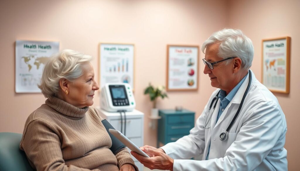 A serene and informative scene depicting a health check-up for elderly individuals. In the foreground, a compassionate healthcare professional in a white lab coat, with a stethoscope around their neck, is gently consulting with a senior patient sitting on an examination table. The middle area features medical equipment like a blood pressure monitor and a tablet displaying health charts. In the background, there are soft, warm colors and framed health posters on the walls, creating a welcoming environment. Soft overhead lighting enhances the calm atmosphere, emphasizing the caring interaction. The overall mood is reassuring and professional, highlighting the importance of health screenings for seniors.