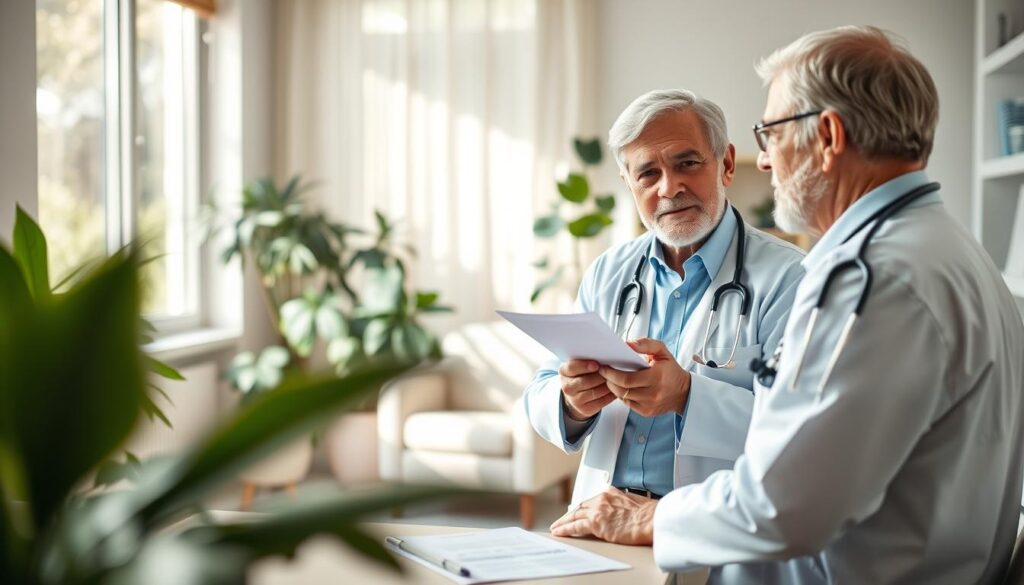 A serene doctor's office setting that conveys the importance of annual health check-ups for elderly individuals. In the foreground, a caring healthcare professional, dressed in professional attire, is gently discussing test results with an elderly man, who appears engaged and reassured. The middle ground features medical tools, such as a stethoscope and health charts, symbolizing thorough examinations. In the background, soft natural lighting streams through a window, creating a warm atmosphere filled with plants and comfortable furnishings. The scene should evoke a sense of hope and well-being, illustrating the benefits of regular health assessments for seniors. The image should be framed from a slight angle, focusing on the interaction between the doctor and the elderly patient, highlighting the supportive atmosphere of the office.