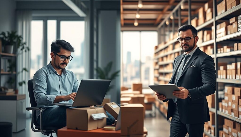 A split composition illustrating the fundamental differences between a dropshipper and a reseller. In the foreground, on the left, depict a focused young entrepreneur working from a modern home office, wearing smart casual attire, engaged with a laptop displaying an online store interface. On the right, show a confident reseller in a business casual setup, examining inventory in a well-organized storage space filled with products on shelves. The middle ground blends these two settings, featuring contrasting items: digital tools for the dropshipper and physical goods for the reseller. In the background, create a blurred city skyline symbolizing the online market environment. Soft, natural lighting enters through large windows, casting a warm glow, fostering an atmosphere of productivity and success, shot from a slightly elevated angle for depth. A split composition illustrating the fundamental differences between a dropshipper and a reseller. In the foreground, on the left, depict a focused young entrepreneur working from a modern home office, wearing smart casual attire, engaged with a laptop displaying an online store interface. On the right, show a confident reseller in a business casual setup, examining inventory in a well-organized storage space filled with products on shelves. The middle ground blends these two settings, featuring contrasting items: digital tools for the dropshipper and physical goods for the reseller. In the background, create a blurred city skyline symbolizing the online market environment. Soft, natural lighting enters through large windows, casting a warm glow, fostering an atmosphere of productivity and success, shot from a slightly elevated angle for depth.