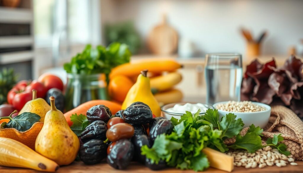 A visually striking composition that illustrates common causes of constipation. In the foreground, a variety of colorful, fresh fruits and vegetables, such as pears, prunes, and leafy greens, symbolize dietary fiber. In the middle ground, a glass of water and a small bowl of yogurt emphasize hydration and probiotics, while neatly arranged whole grains are also present. The background features a subtle, blurred depiction of a serene kitchen setting, bathed in warm, natural light to create a welcoming atmosphere. The angle is slightly elevated, showcasing the vibrant array of foods in a clear and inviting way, evoking a sense of health and wellness. Overall, the scene conveys a positive and informative mood, aimed at encouraging healthy eating habits.